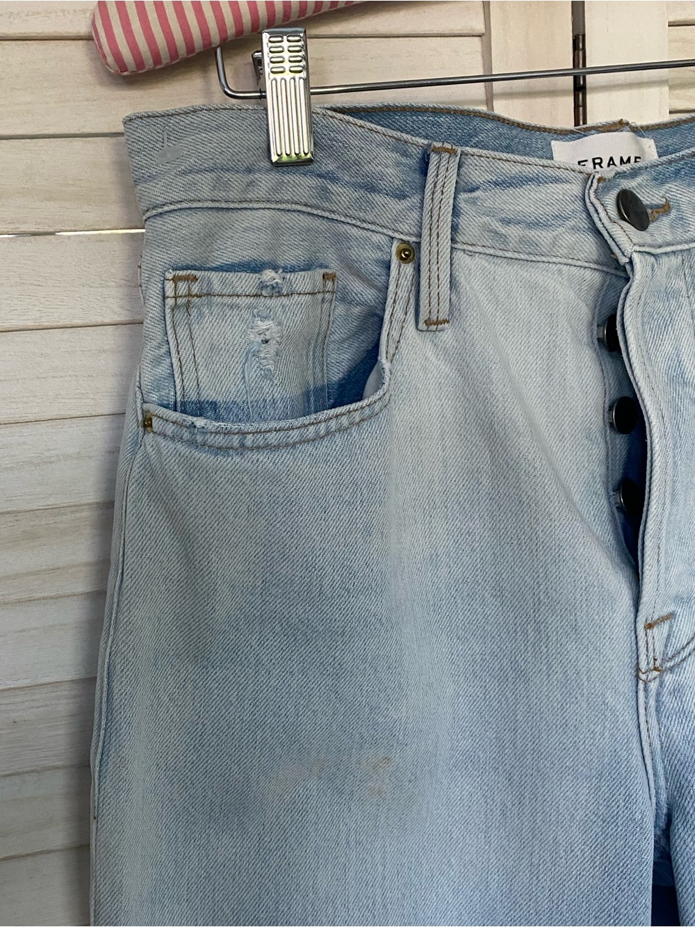 Frame Denim Light Blue Straight Leg Distressed Button Fly Jeans SZ 28 - Picture 7 of 14